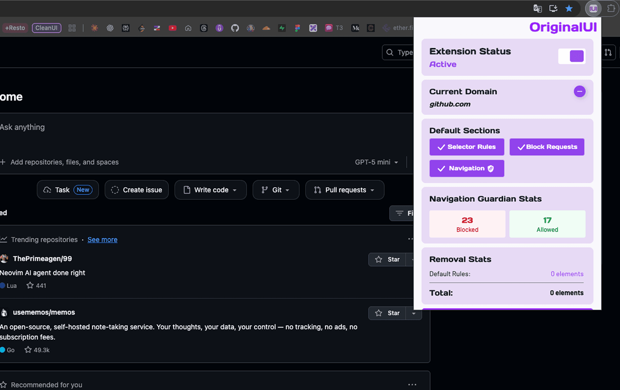OriginalUI popup interface