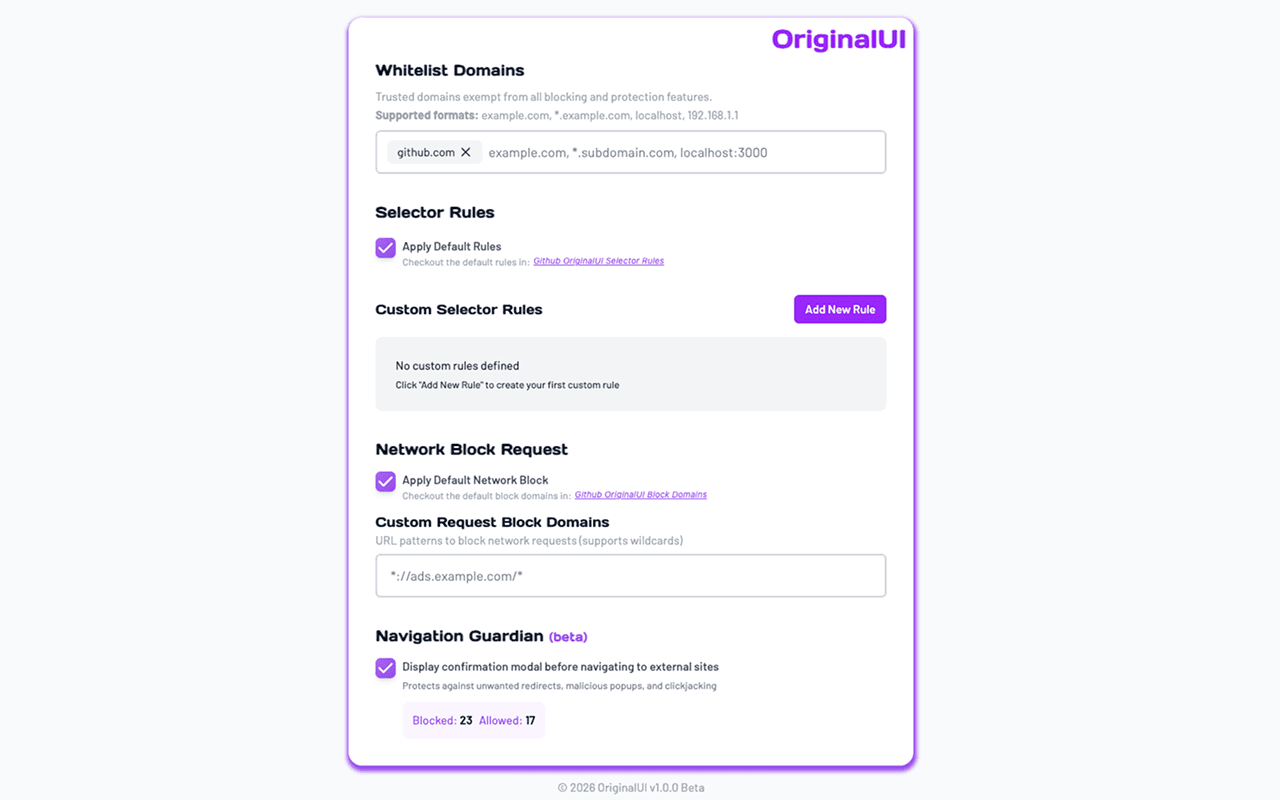 OriginalUI settings page